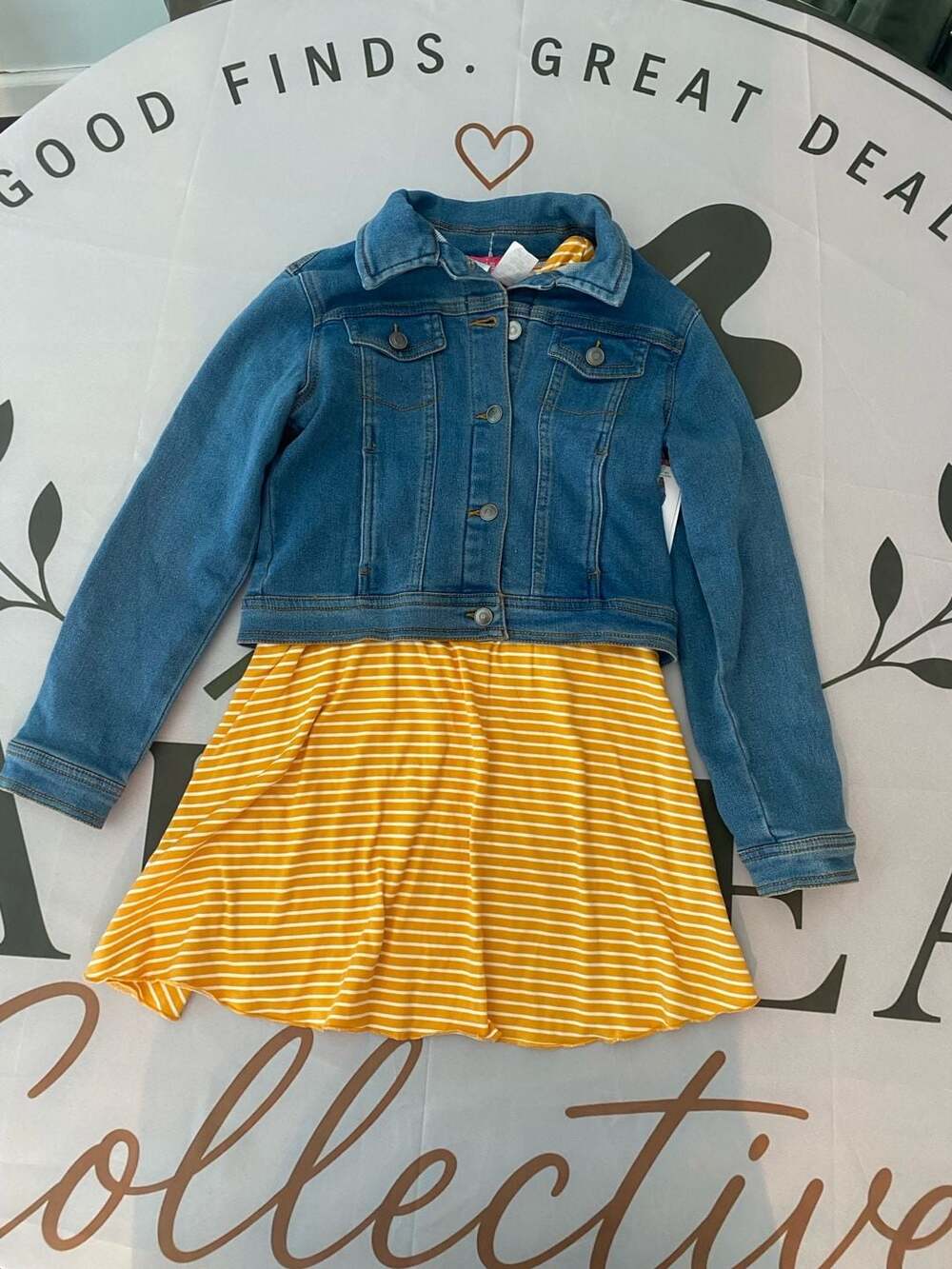 Zunie Girl 2-Piece Set Denim Jacket and Yellow Striped Dress
